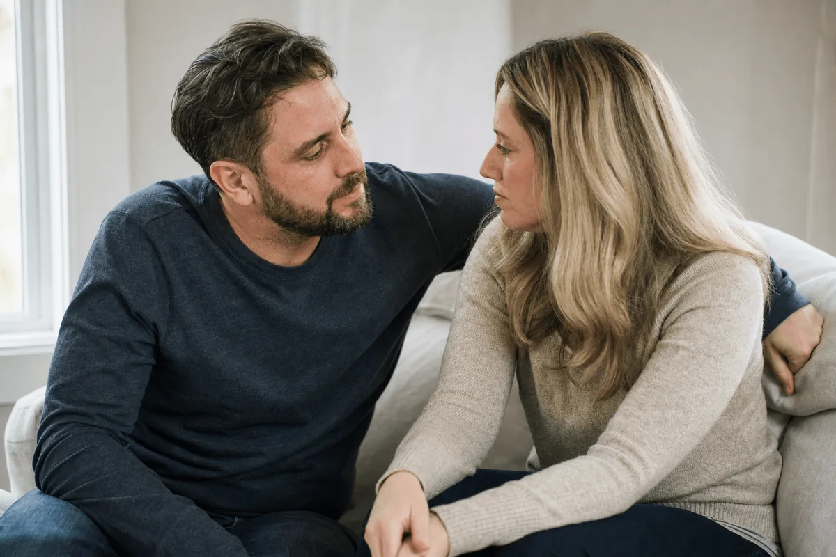 A married couple sitting close together on a sofa, talking quietly in soft window light