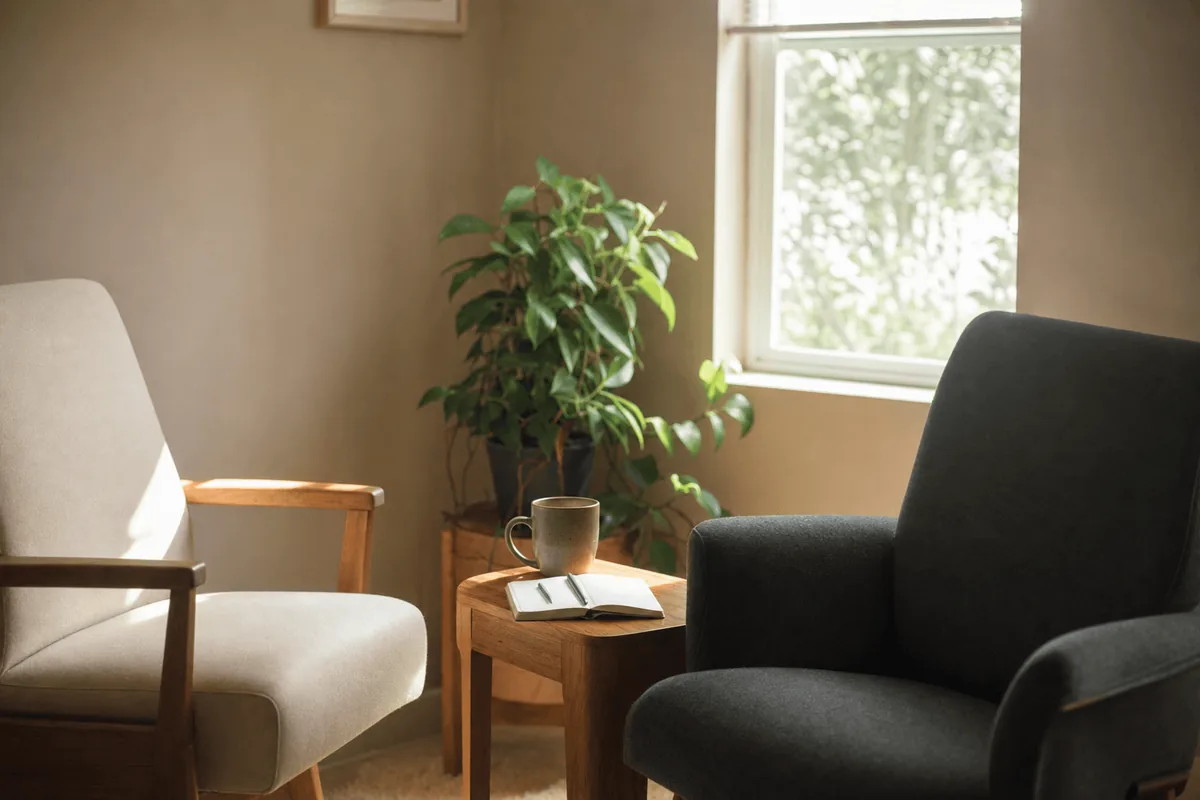 A quiet therapy room with two chairs and a sunlit window, set for a reflective conversation