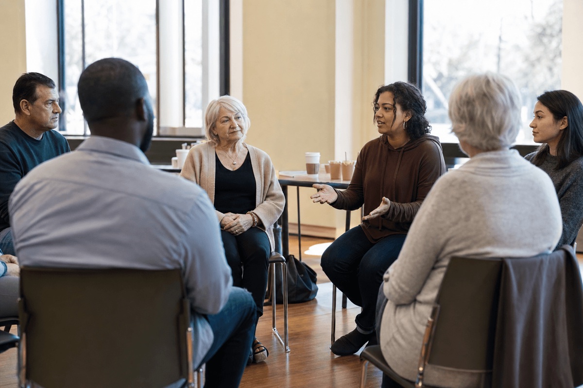 A small peer support group sitting in a circle of chairs in a bright community room