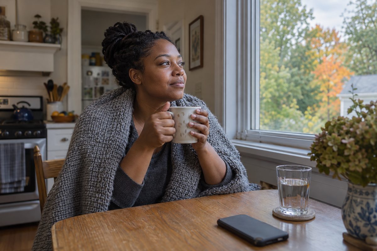 An adult sitting at a kitchen table in early morning light, wrapped in a blanket and holding a mug with both hands, with a phone on the table