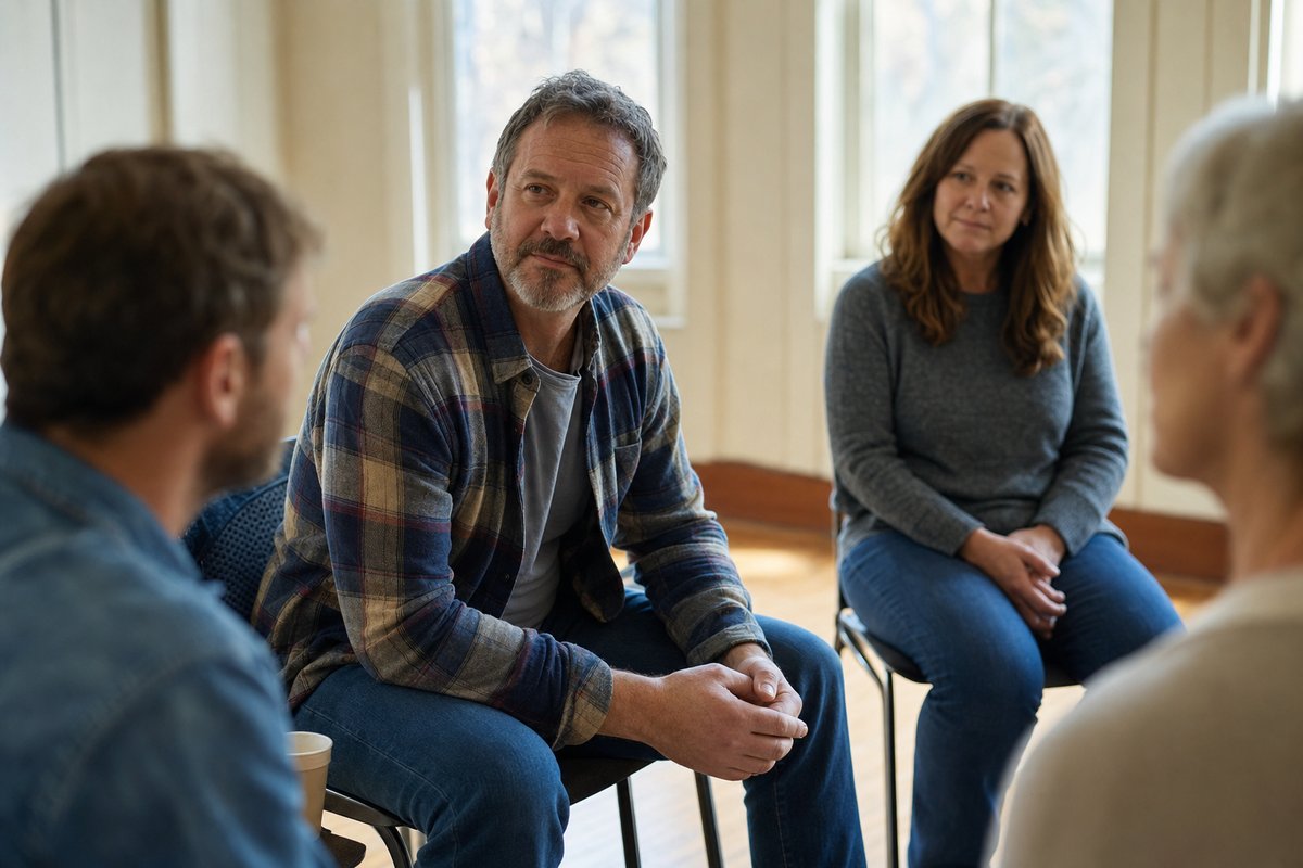 A man listening thoughtfully during a small peer support group meeting in a sunlit community room