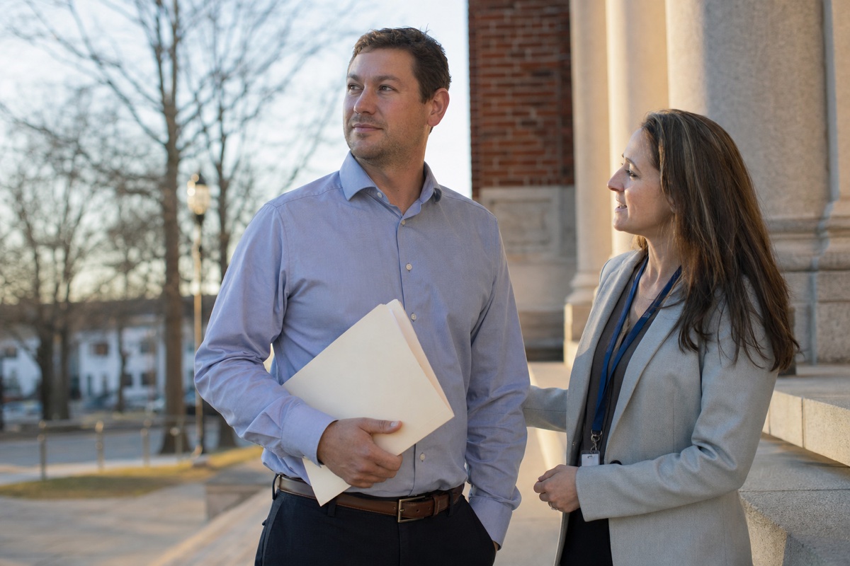 A man holding paperwork talks with a counselor on the steps outside a New England courthouse in morning light