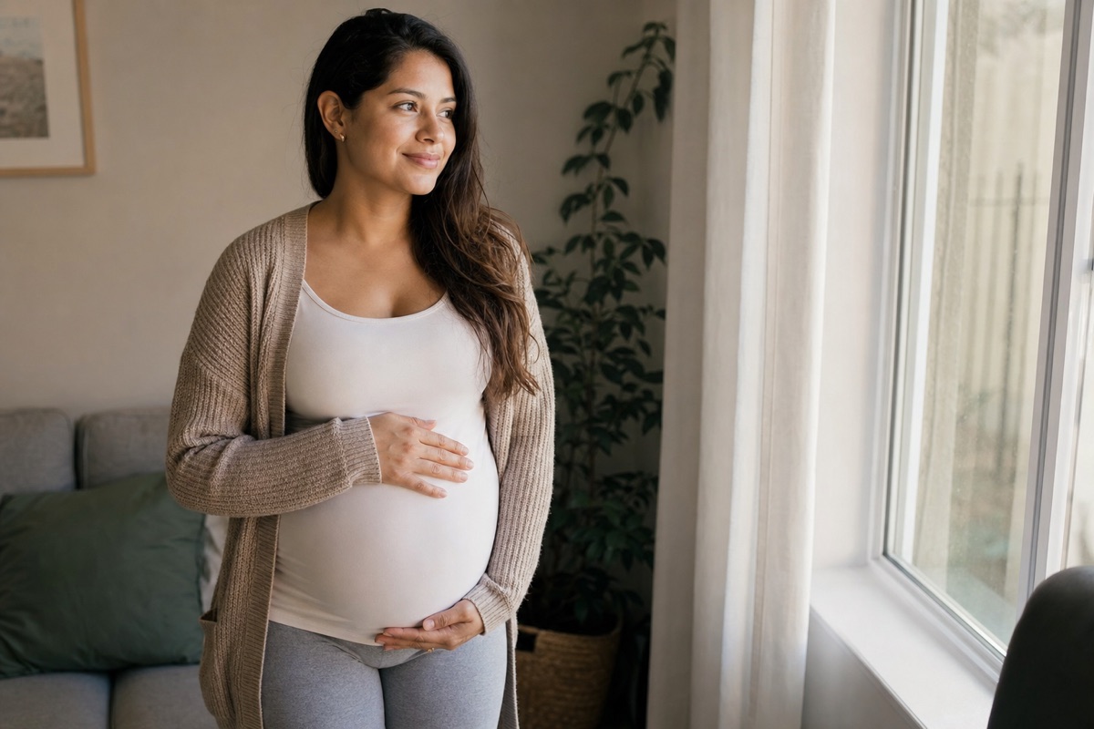 A pregnant woman sitting across from a supportive healthcare provider during a warm, unhurried conversation in a softly lit office