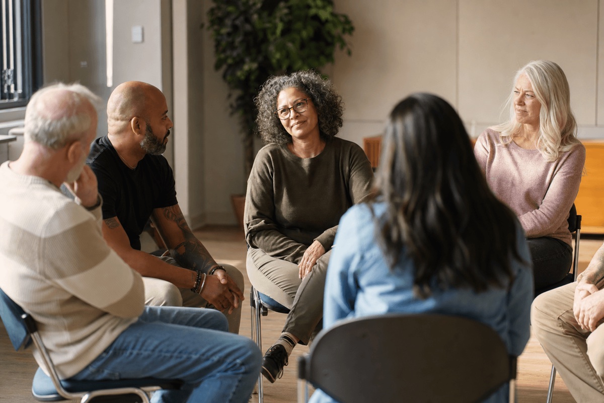 A small support group sitting in a circle of chairs in a bright community room during a recovery meeting