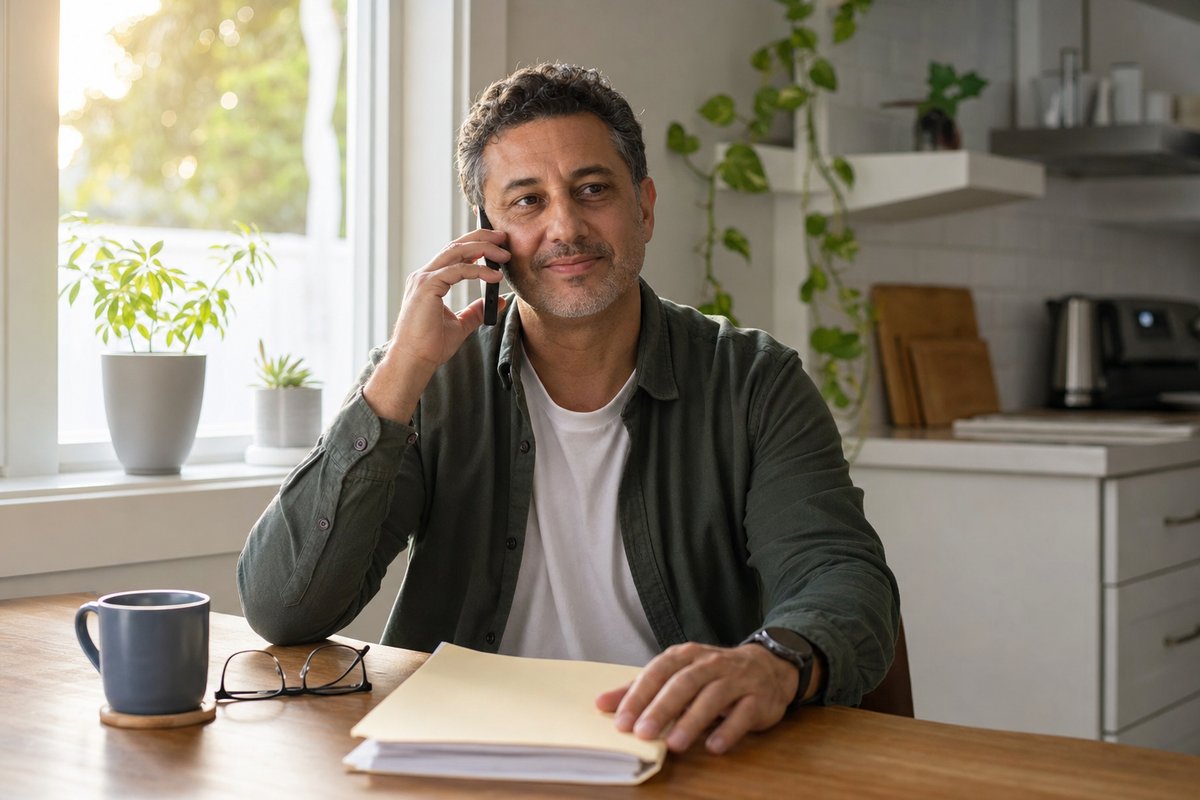 A man reviews health insurance paperwork at a sunlit kitchen table with a phone in hand, preparing to verify treatment coverage