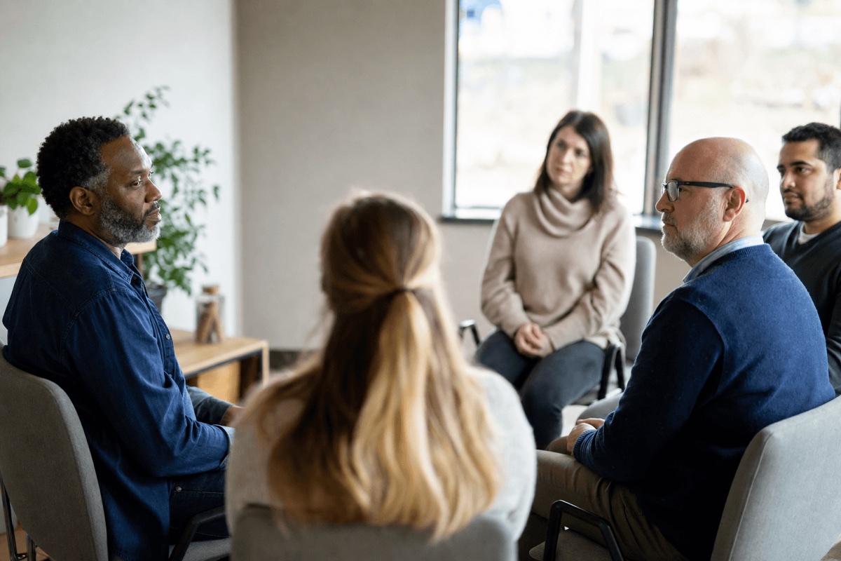 A quiet outpatient therapy office with chairs arranged for a small group session and natural light from a window