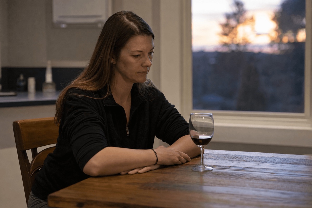 A person sitting alone at a kitchen table at dusk, looking thoughtfully at a glass of wine