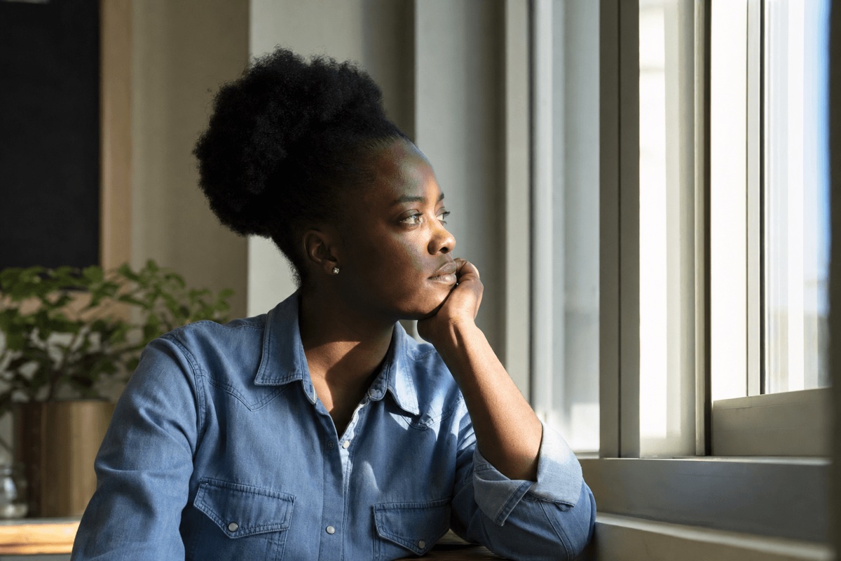 A person sitting calmly by a sunlit window during a quiet moment of reflection