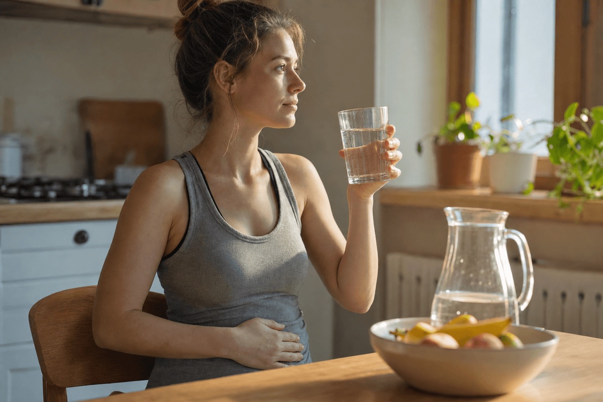 A person resting a hand on their stomach while drinking a glass of water at a sunlit kitchen table