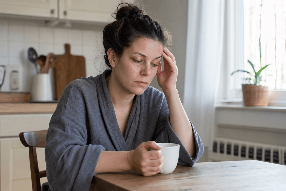 A person holding an empty coffee mug at a kitchen table in soft morning light
