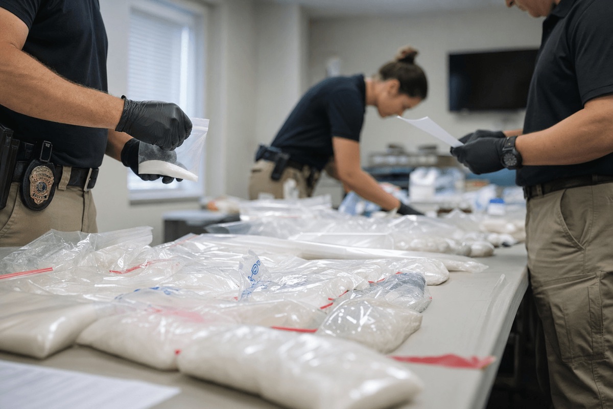 Law enforcement evidence table with sealed bags of seized powder during a fentanyl trafficking investigation
