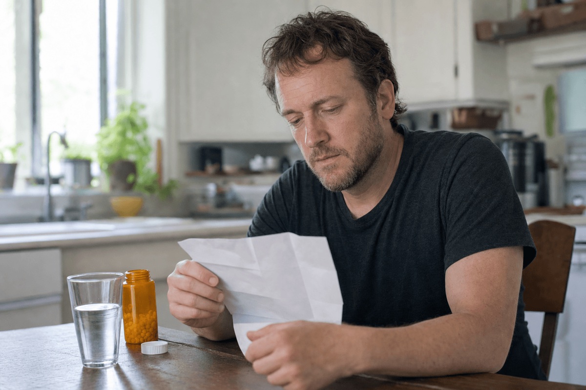 A person reading a prescription medication leaflet beside a glass of water at a kitchen table