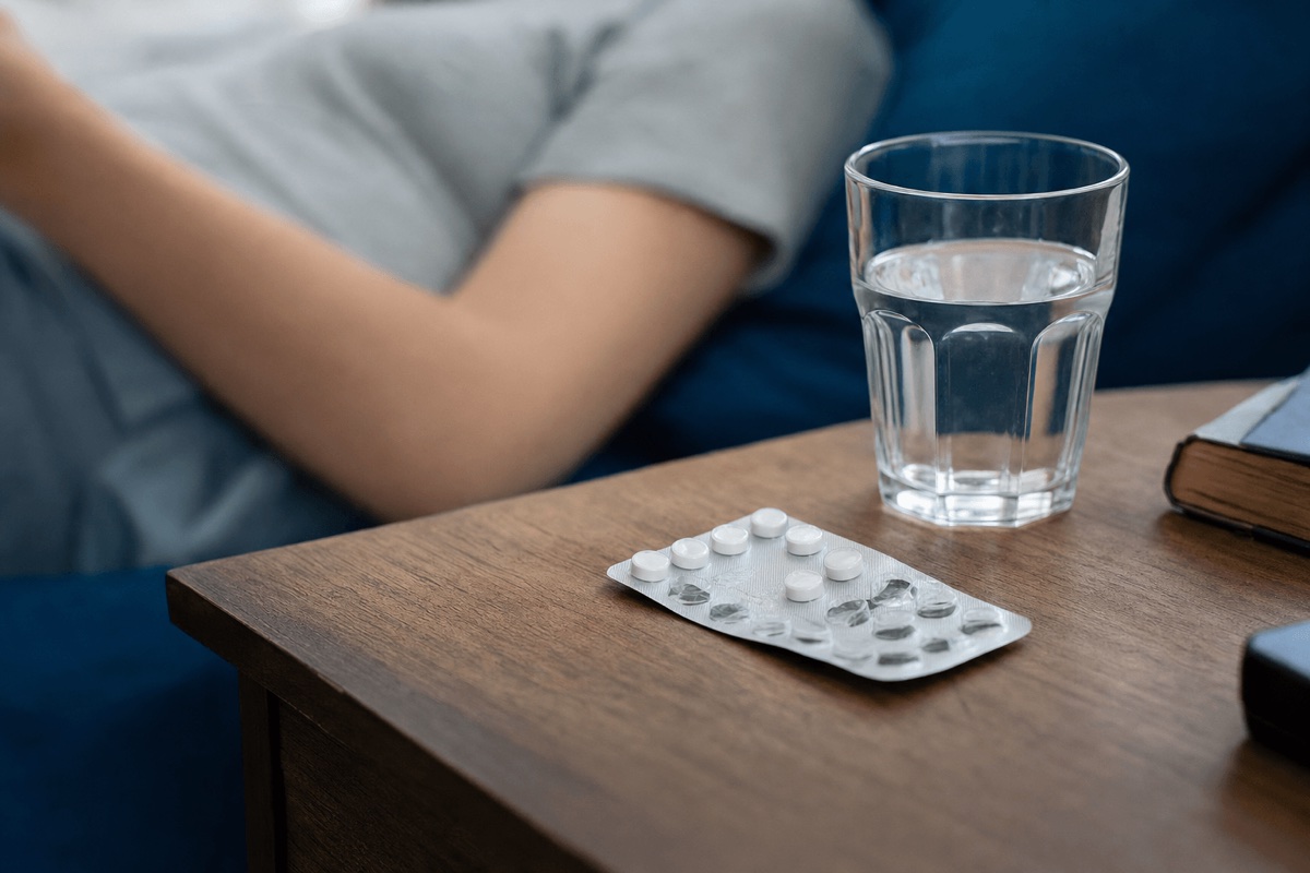 A blister pack of prescription muscle relaxant tablets resting on a bedside table next to a glass of water