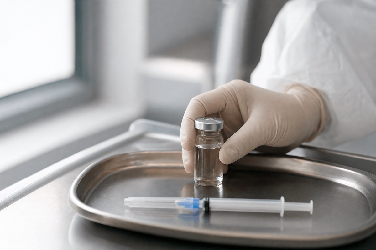 A gloved hand holding a small vial of clear injectable solution in a clinical setting