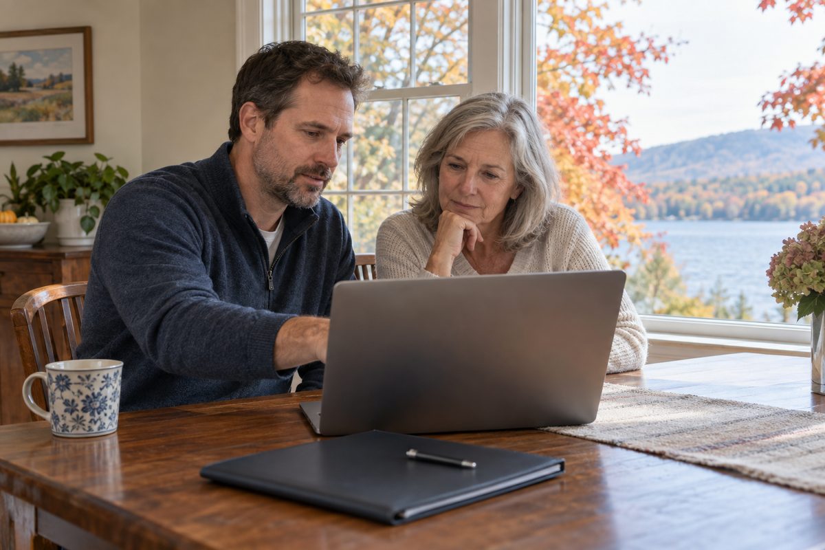 Two adults, one middle-aged and one older, sitting at a wooden dining table by a sunny window with autumn leaves and a lake outside, comparing options on a laptop together