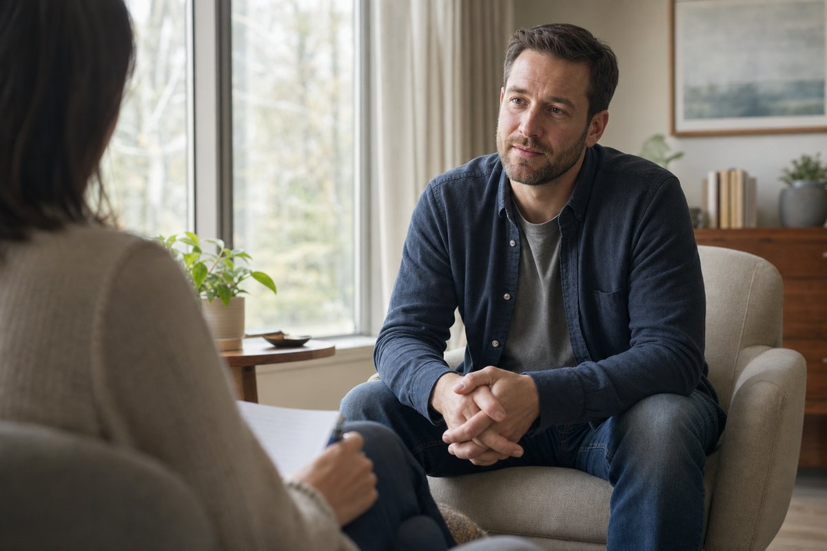 A man in his thirties talks with a counselor near a bright window during an outpatient recovery session