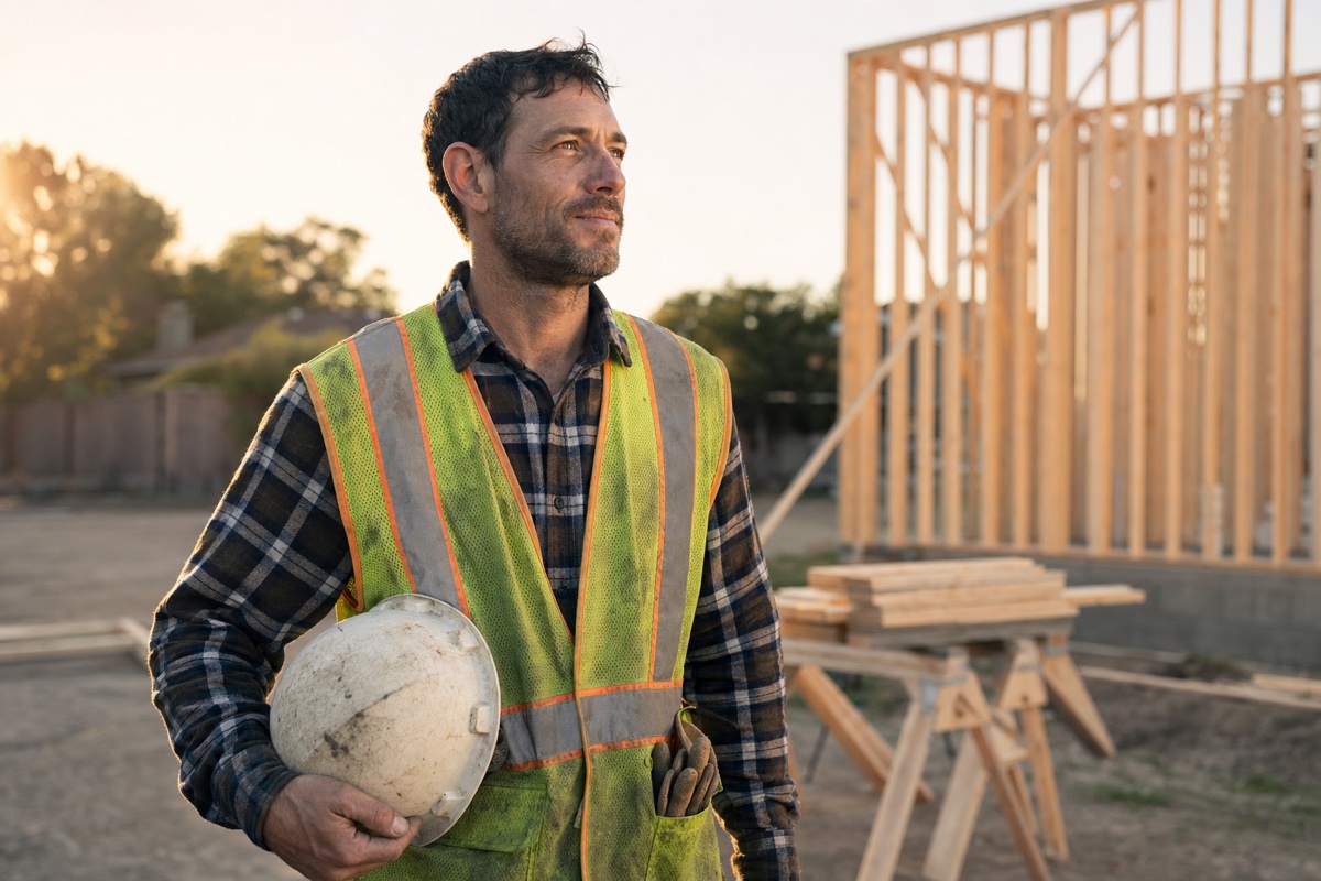 A construction worker at sunrise on a quiet job site, hard hat under his arm, looking toward the morning light with a calm, hopeful expression