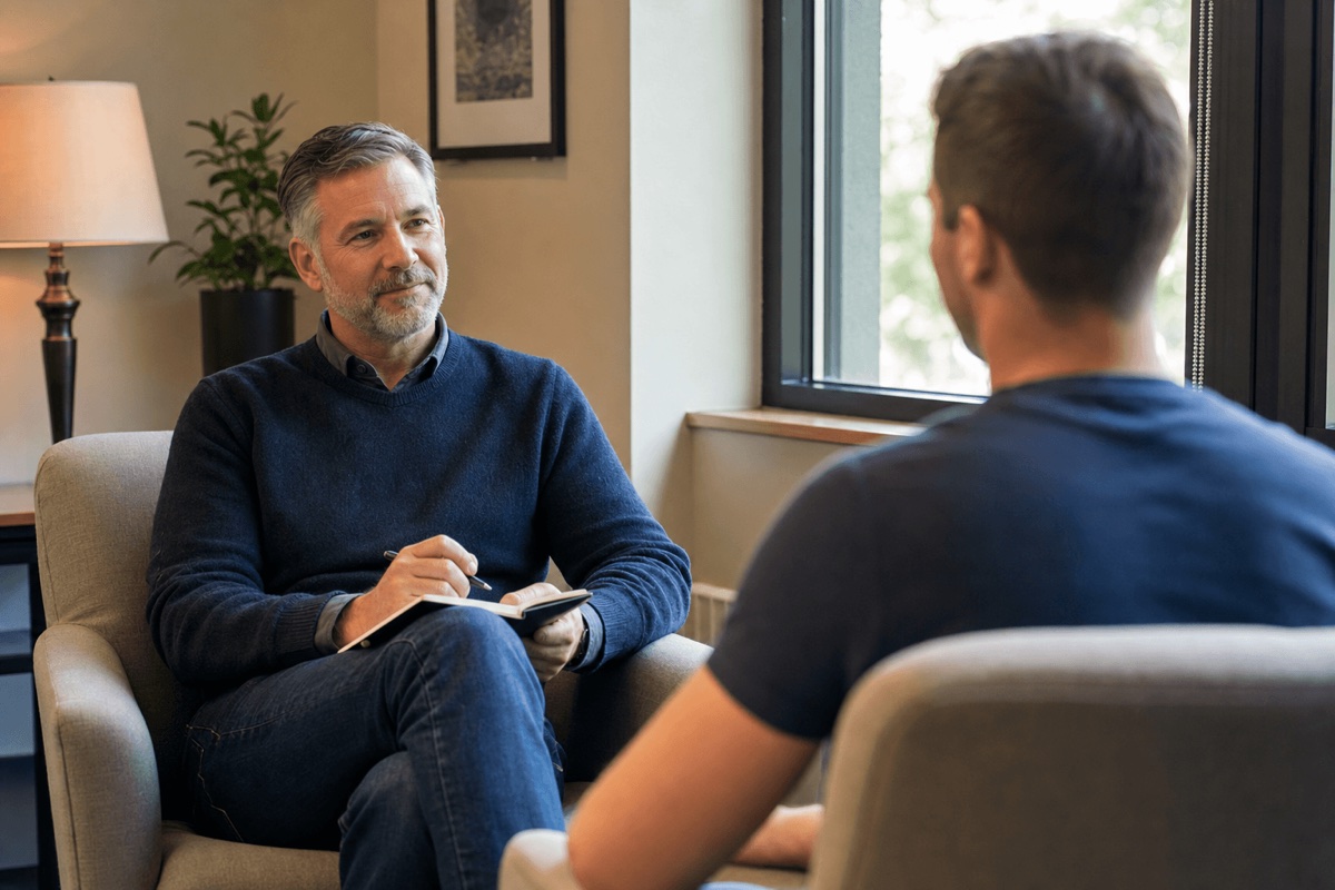 A counselor listening to a client during a one-on-one therapy session in a calm office