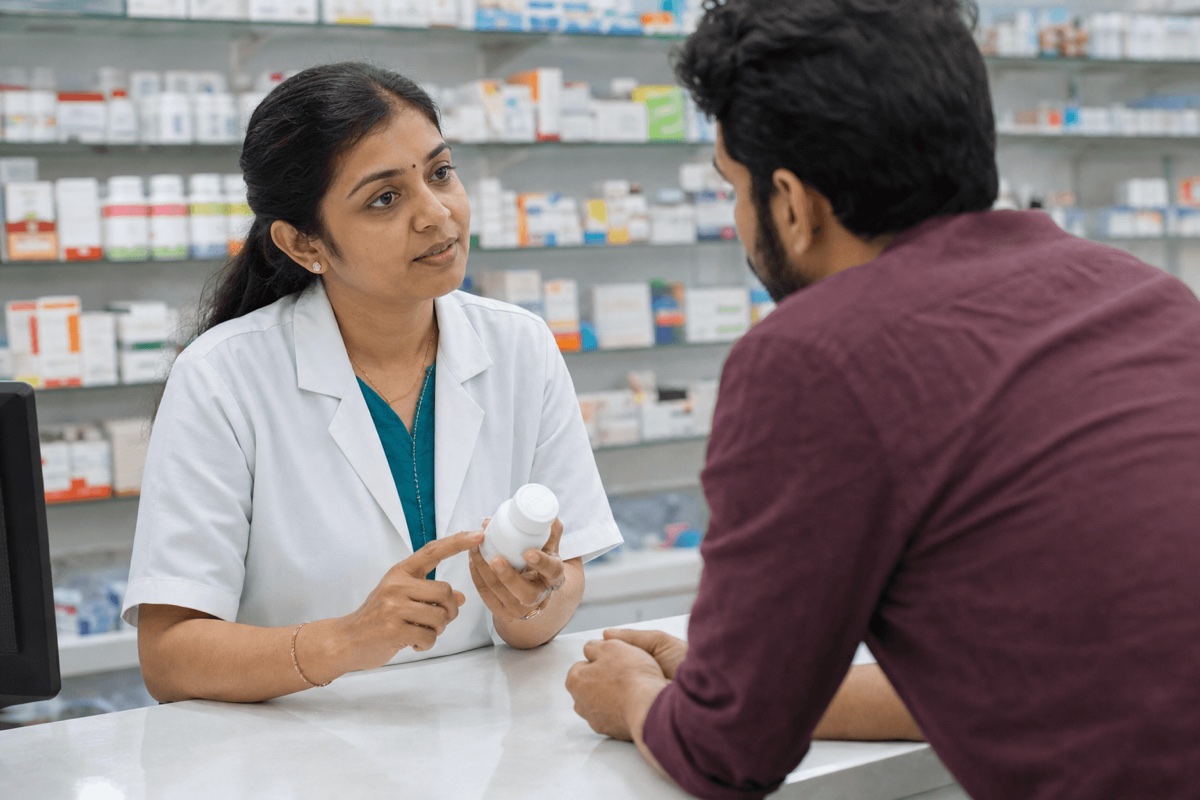 A pharmacist counseling a patient about a prescription medication at a pharmacy counter