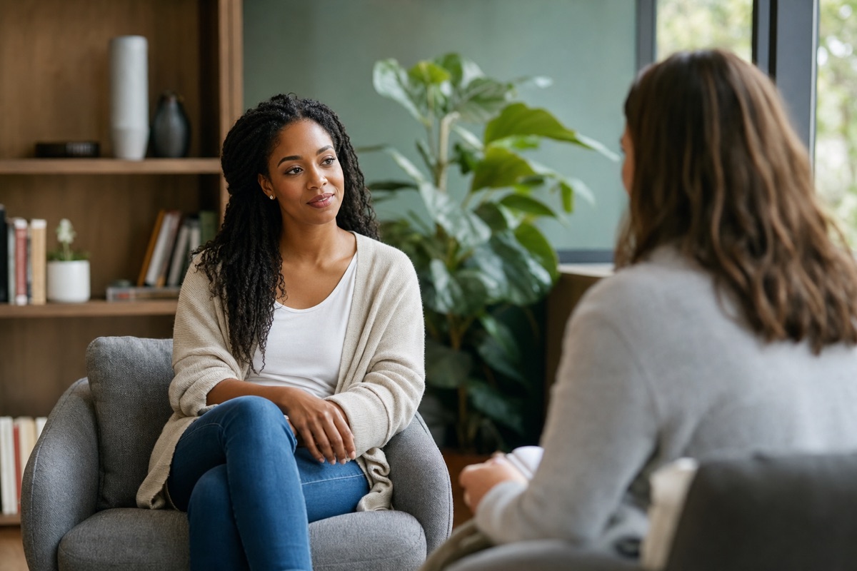 A small therapy group sitting in a circle in a bright, calm room during a session