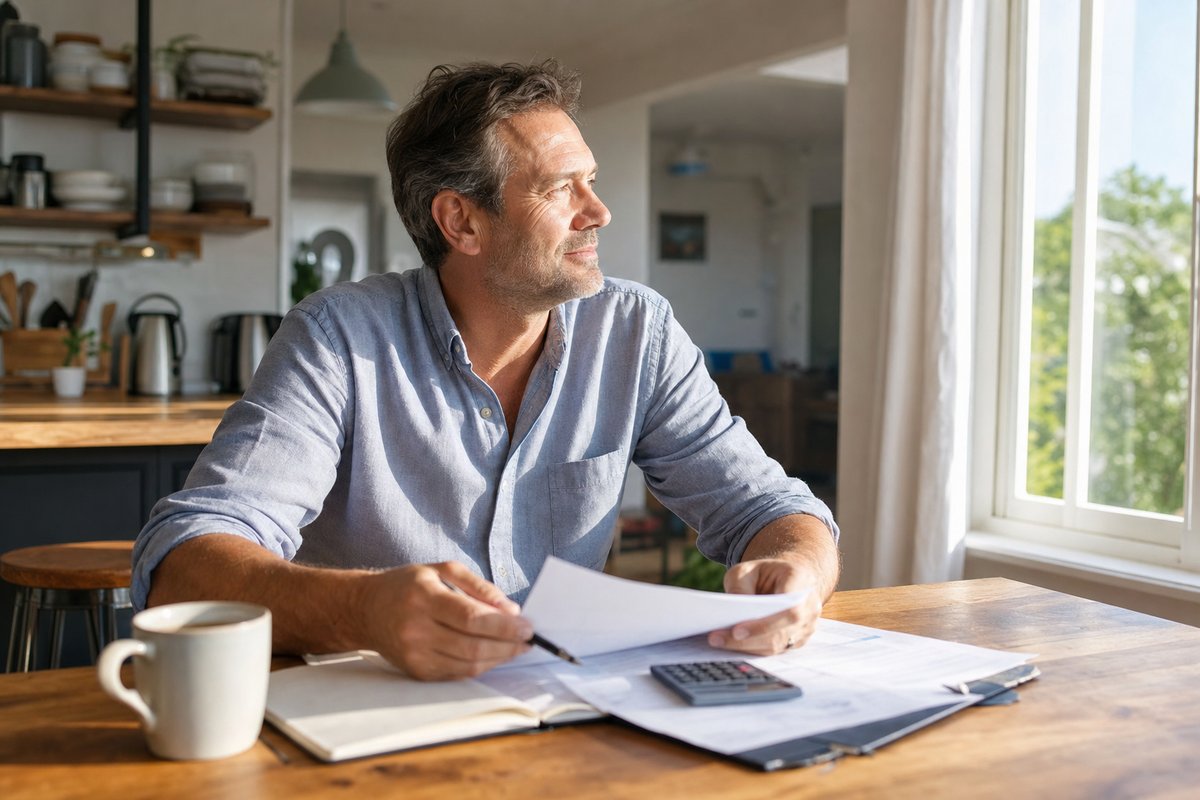 A man reviews household bills and a notebook at a sunlit kitchen table in the early morning, looking toward the window with a calm, hopeful expression