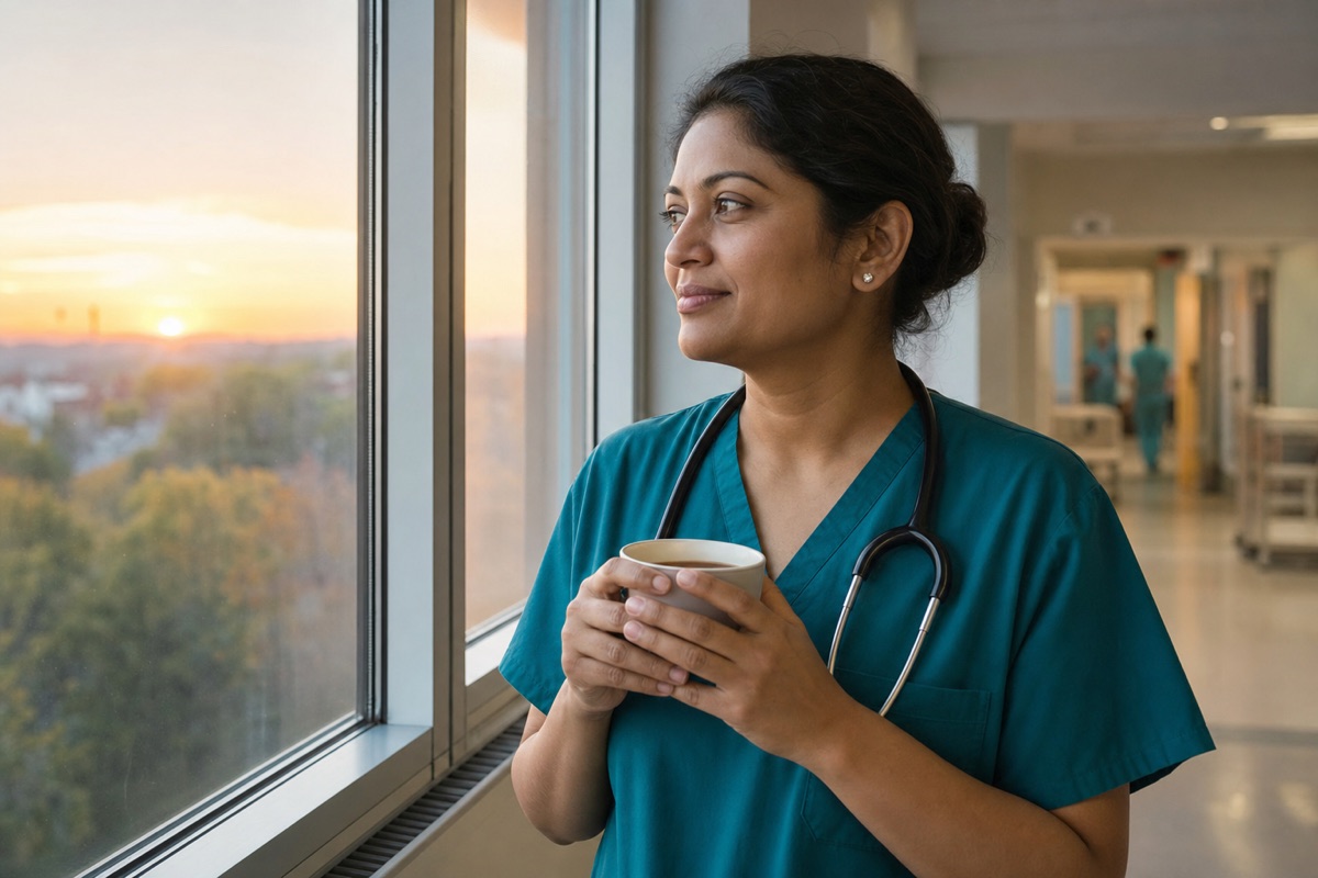 A nurse in scrubs pauses for a quiet, hopeful moment by a hospital corridor window in early morning light