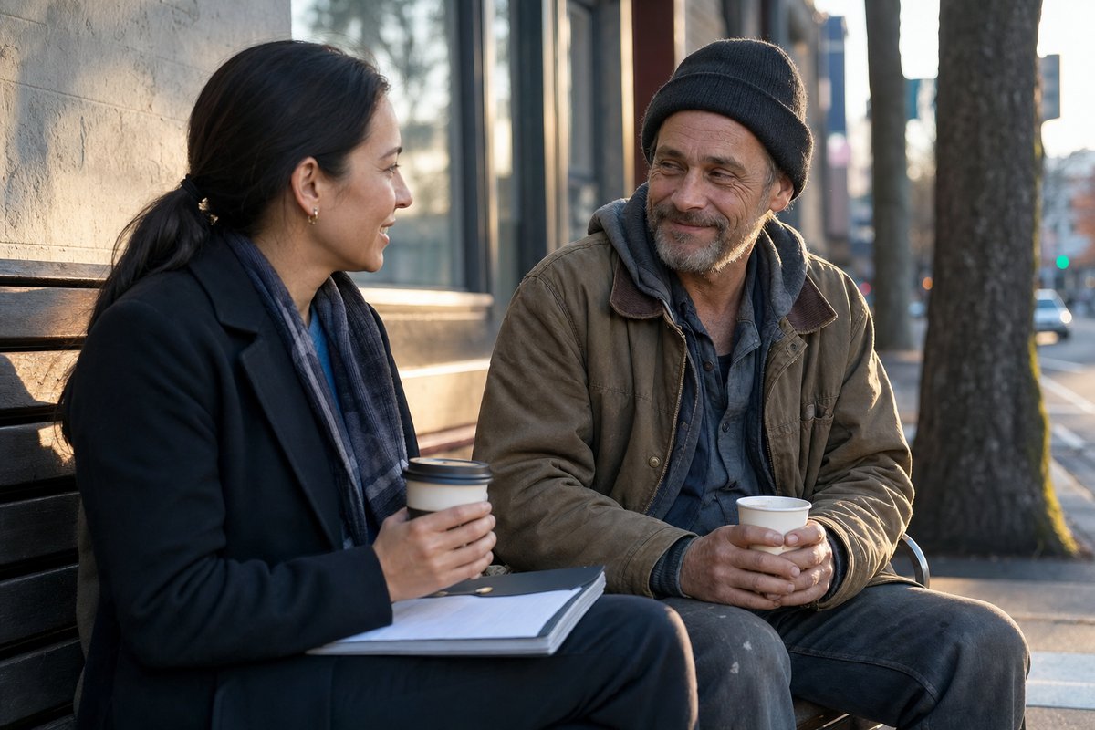 An outreach counselor sits beside a man on a bench outside a community resource center, talking over coffee in warm morning light
