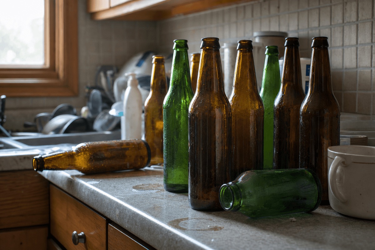 A row of empty beer bottles on a kitchen counter in soft morning light