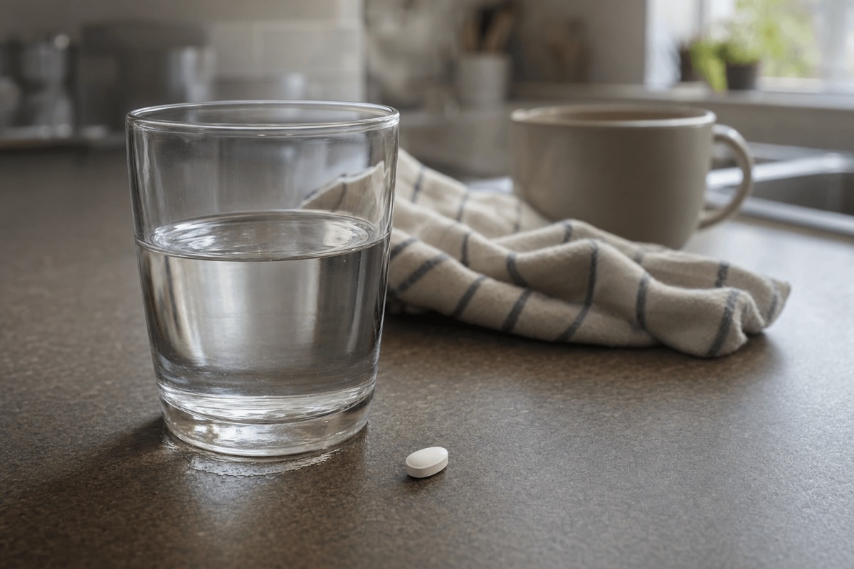 A glass of water beside a single white pain-relief tablet on a kitchen counter in morning light
