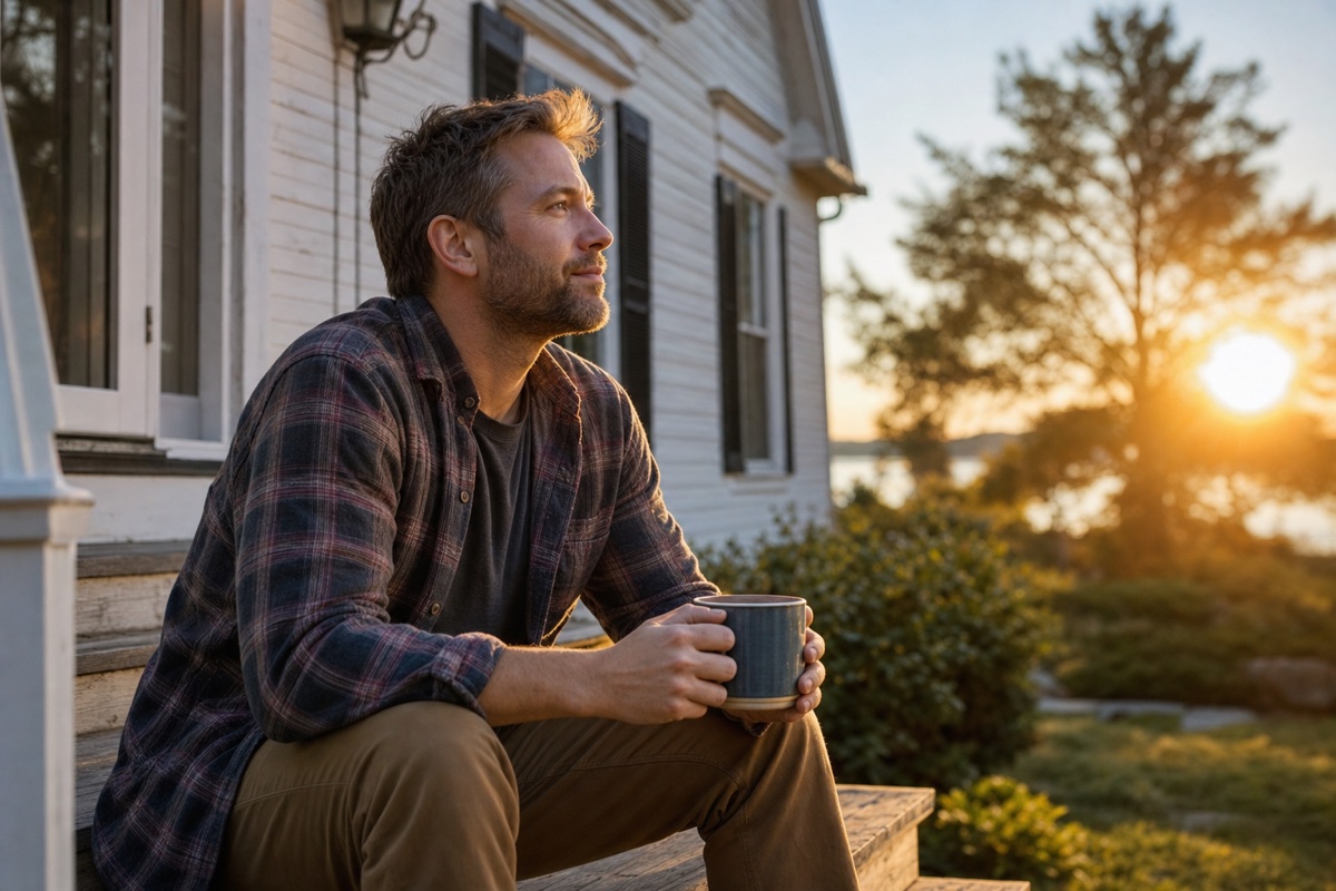 A man holding a mug of coffee on the front steps of a New England home at sunrise, looking ahead with a calm, hopeful expression