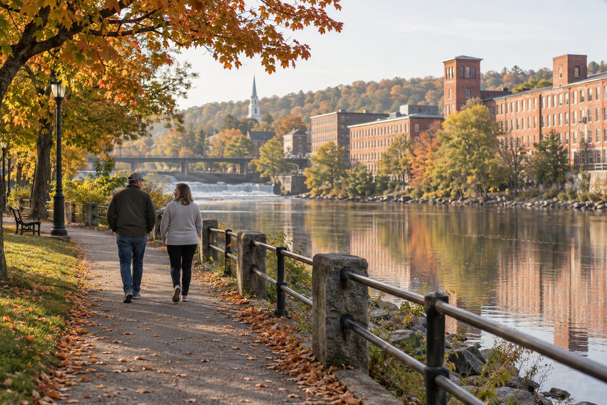 Two adults walking along a riverside path in early autumn, with red brick mill buildings, a small waterfall at a dam and a white church steeple across the water
