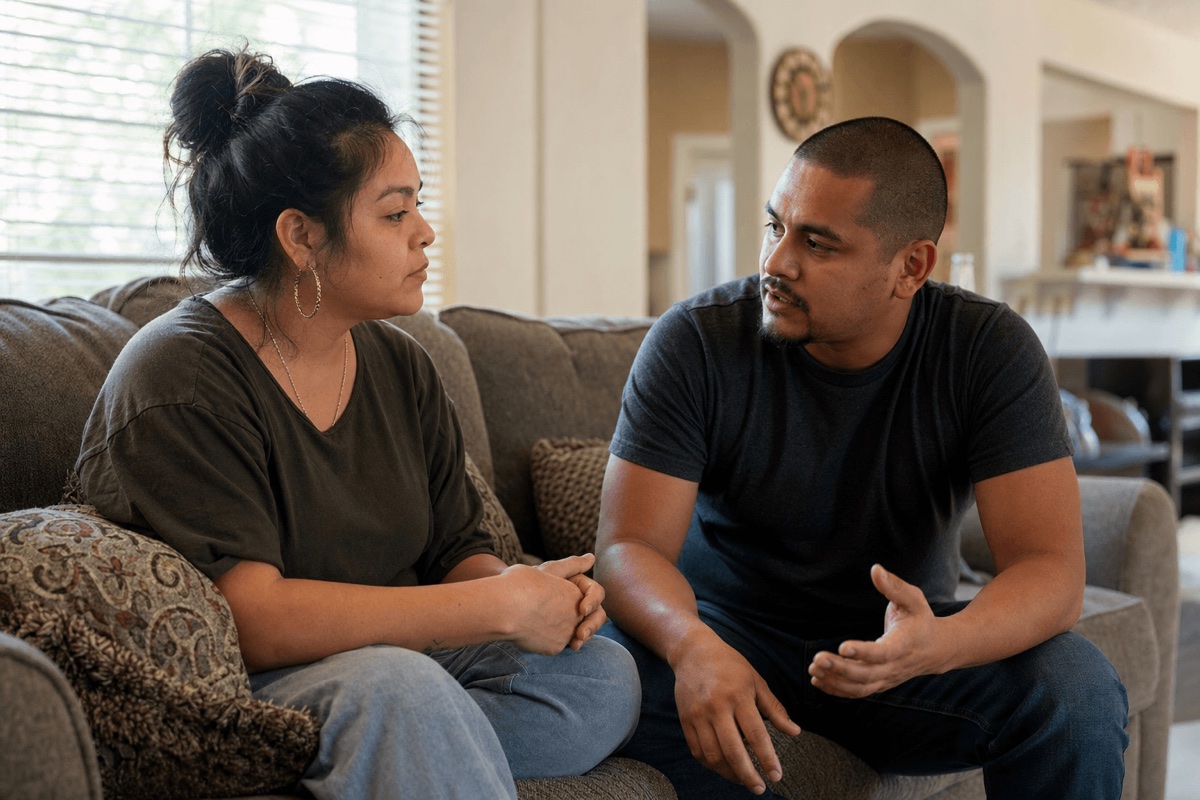 Two adults sitting close on a couch in honest conversation in a warm, sunlit living room