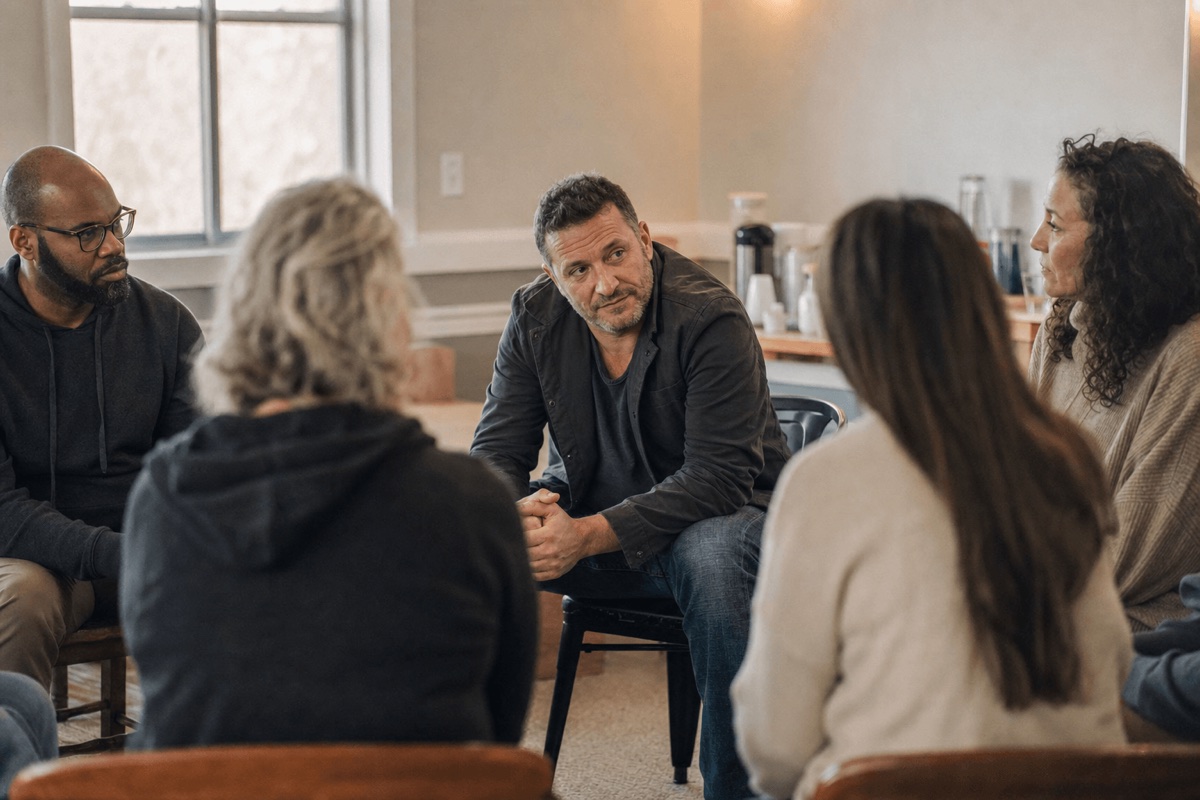 A person sitting in a sunlit support-group circle, listening during a recovery meeting