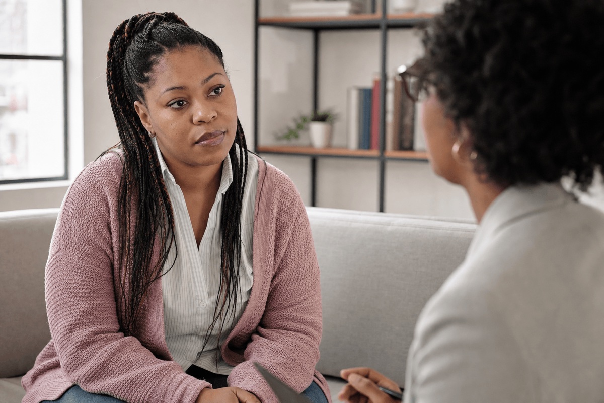 A person sitting with a mental health clinician during a calm, supportive one-on-one conversation
