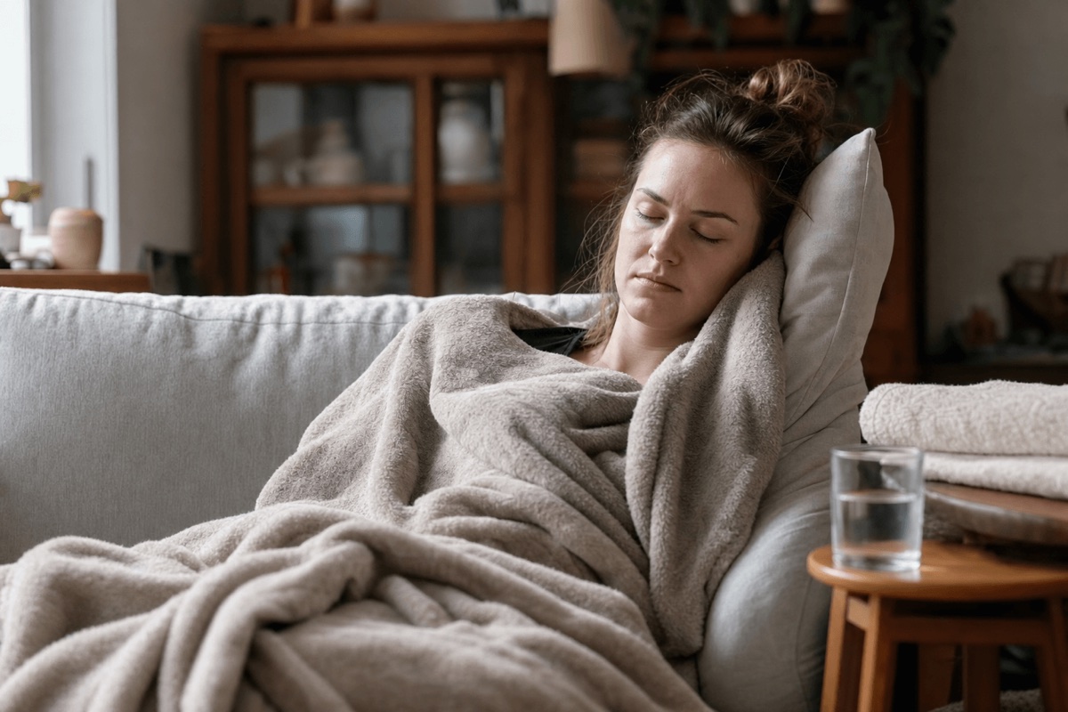 A person resting under a blanket on a couch in a calm room during early detox recovery