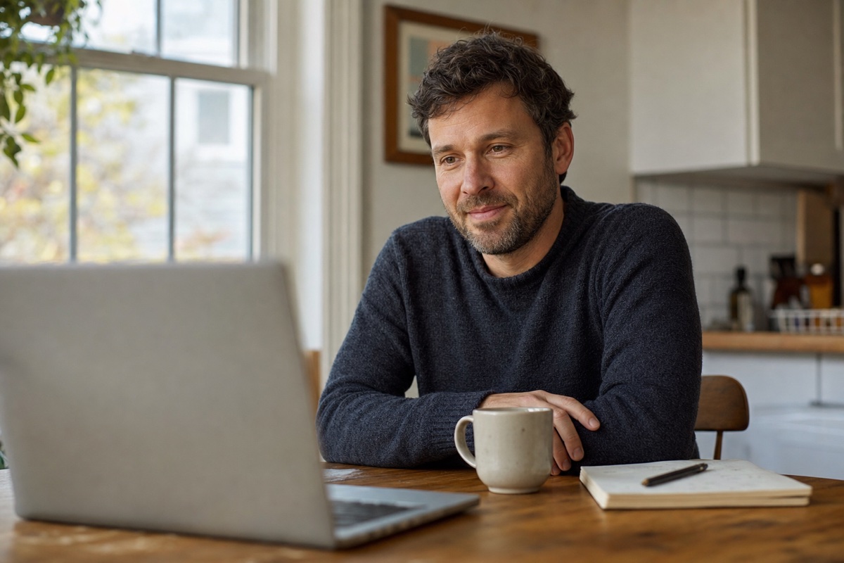 A man takes part in a video telehealth counseling session at his kitchen table, notebook and coffee beside the laptop in soft morning light