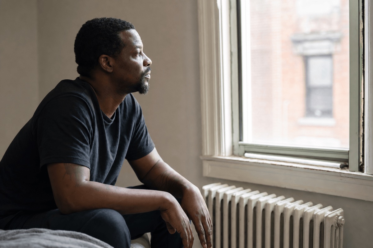 A person sitting quietly by a window in soft daylight, reflecting during recovery