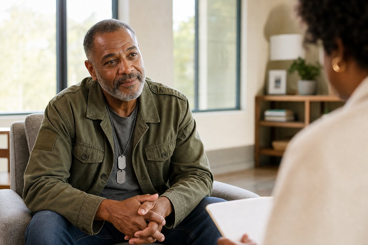 An older Black veteran in a field jacket listens with a calm, hopeful expression during a counseling conversation in a sunlit room