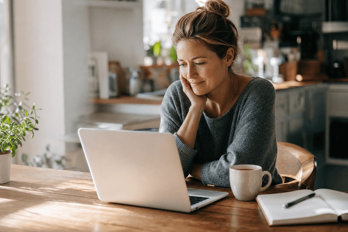 A person attending a virtual therapy session on a laptop at a sunlit kitchen table at home