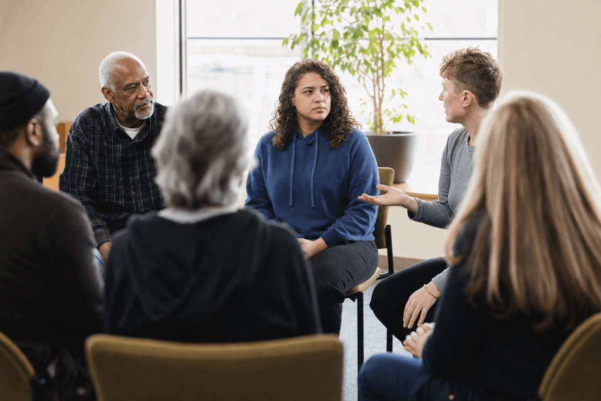A small community recovery support group gathered in a bright room during a daytime meeting