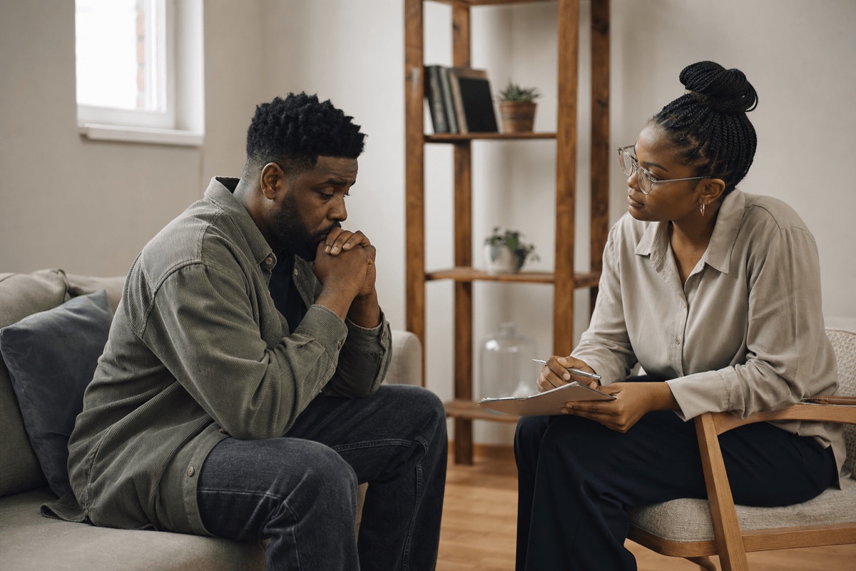 A concerned adult sitting with a clinician in a calm, well-lit consultation room