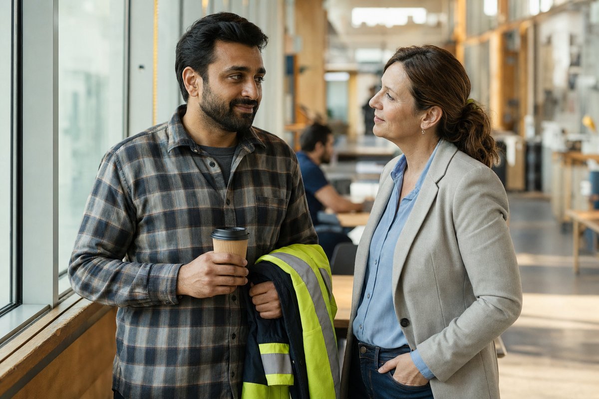 A worker holding a coffee cup talks with a supportive colleague by a bright window during a break at work