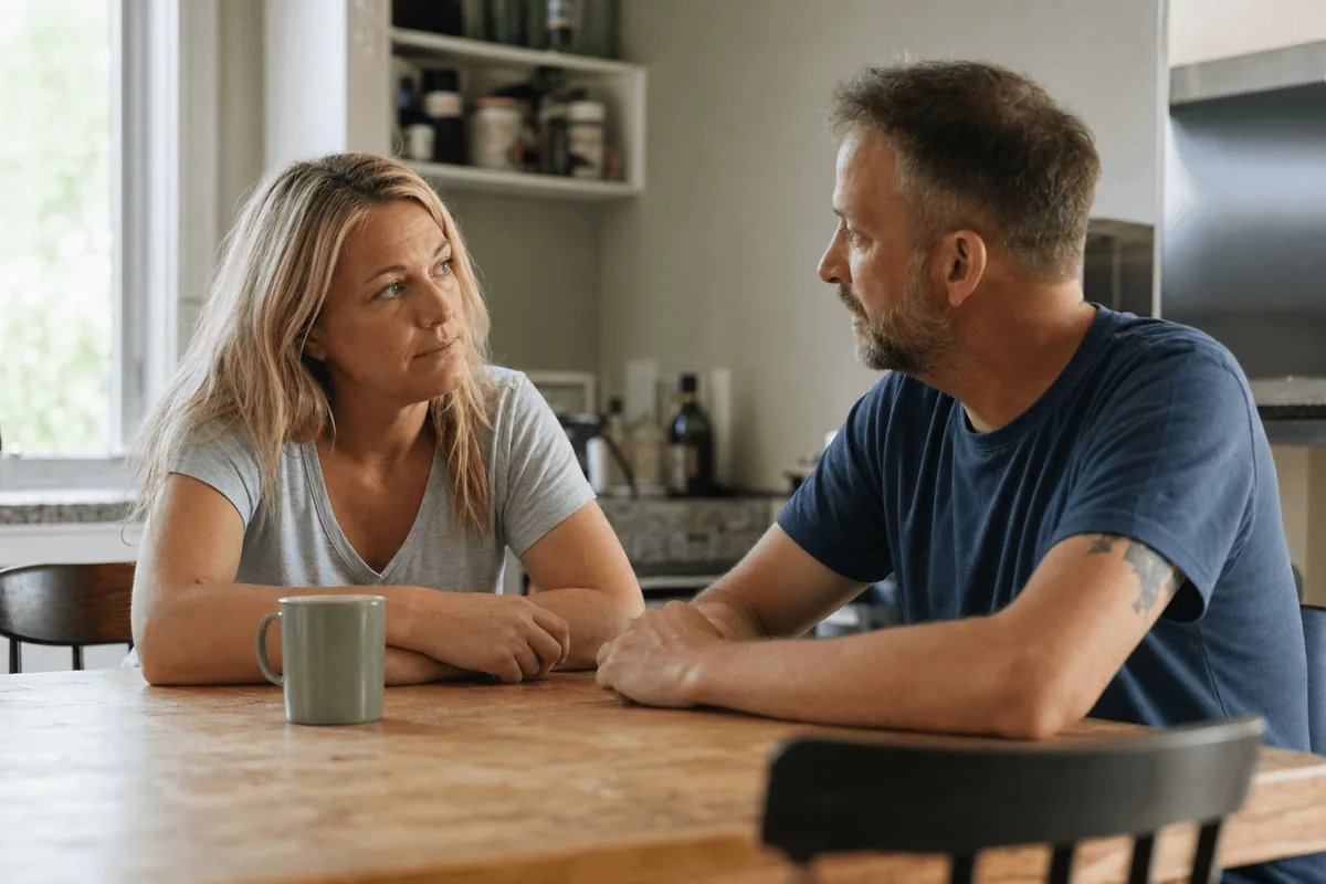 Two adults sitting together at a kitchen table in quiet, attentive conversation