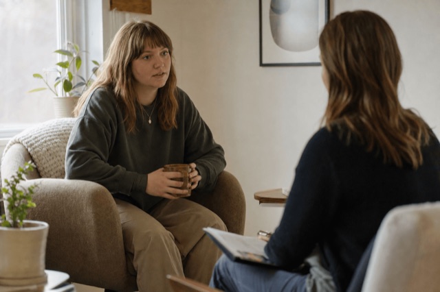An autistic adult talking with a counselor in a calm, low-stimulation therapy room