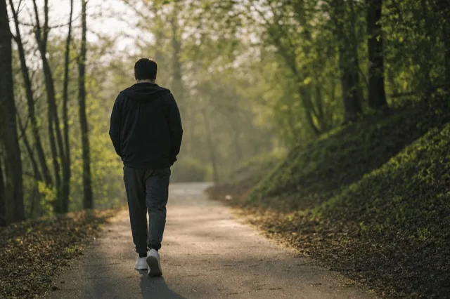 A person walking forward on a quiet tree-lined path in soft morning light