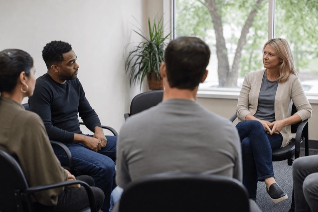 A quiet outpatient treatment center waiting area with natural light, set up for a daytime therapy session