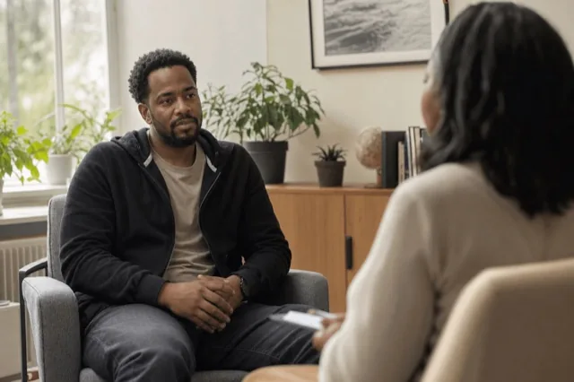 A person sitting with a therapist in a calm, sunlit office during a one-on-one session