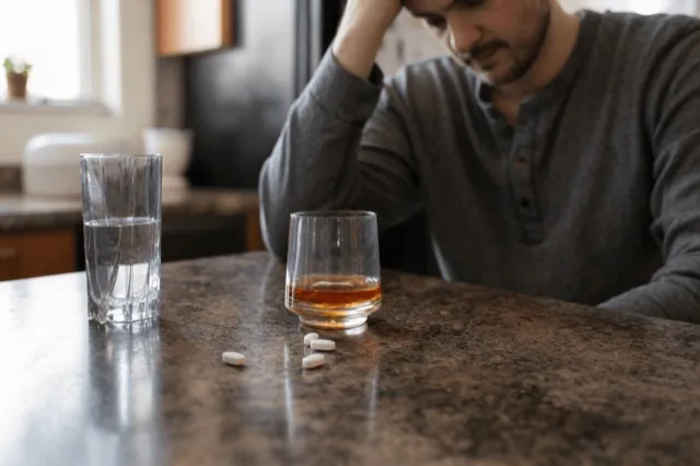 A glass of water beside white pills and a half-finished drink on a kitchen counter in soft daylight