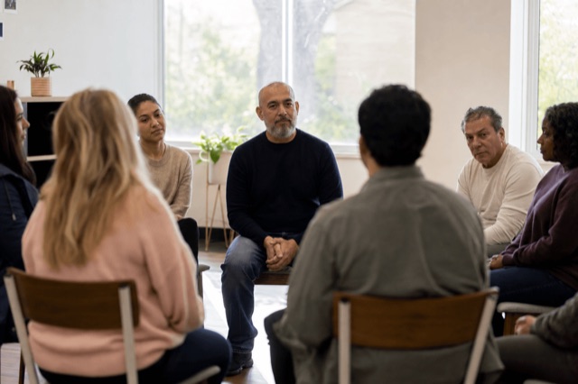 A small support group sitting in a circle of chairs in a bright, calm outpatient therapy room