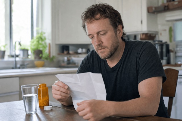 A person reading a prescription medication leaflet beside a glass of water at a kitchen table
